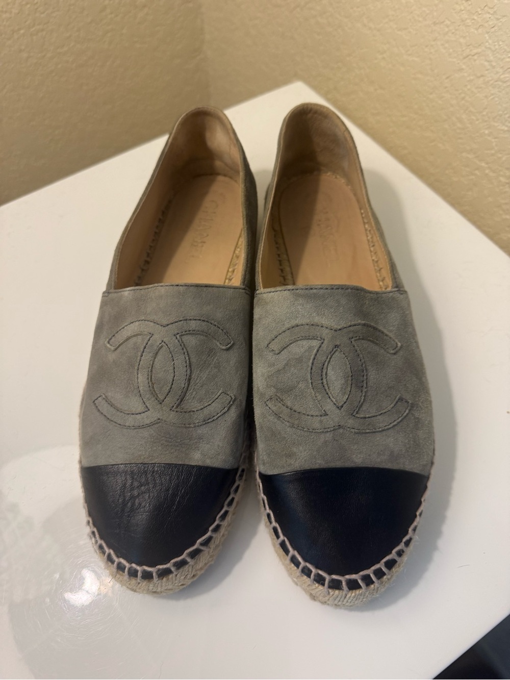 CHANEL Two-Tone Suede Espadrilles in Gray and Black
